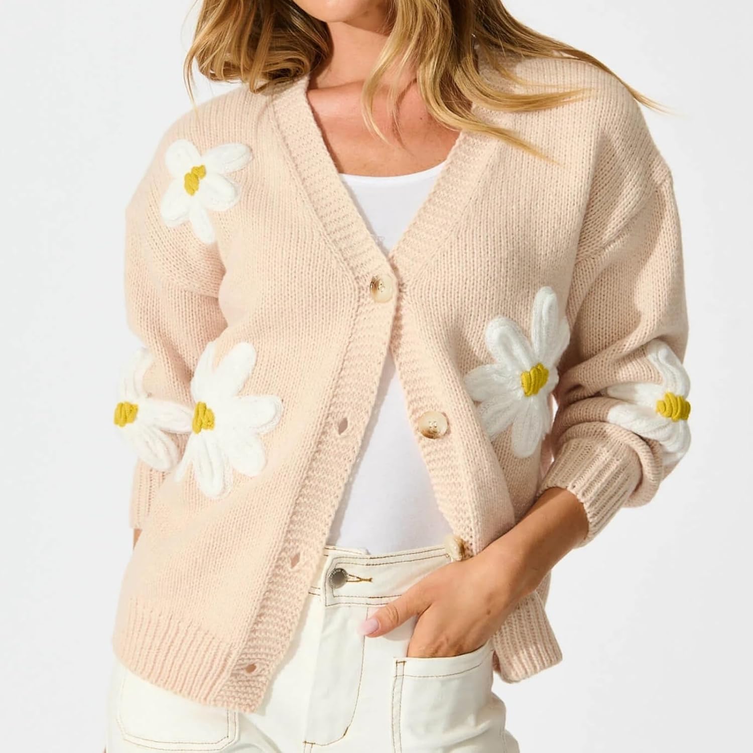 Womens Flower Knit Cardigans Long Sleeve Button-up Aesthetic 90s Knitted Fall Sweater Cardigans Tops - Image 2