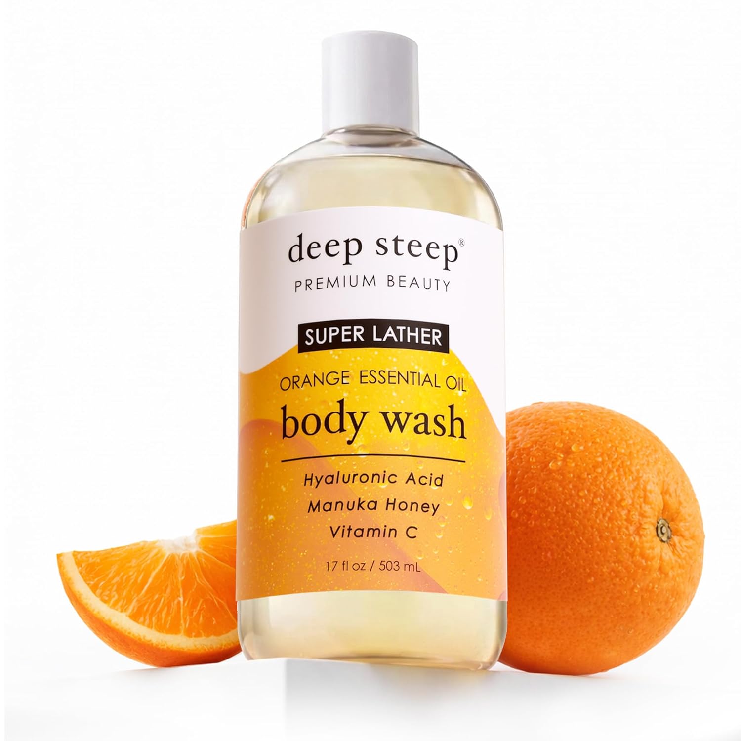 Deep Steep Super Lather Body Wash, Orange, 17 oz – Hydrating Shower Gel with Hyaluronic Acid, Manuka Honey, & Orange Essential Oil – Vegan, Clean Beauty, Clean & Refreshed Skin