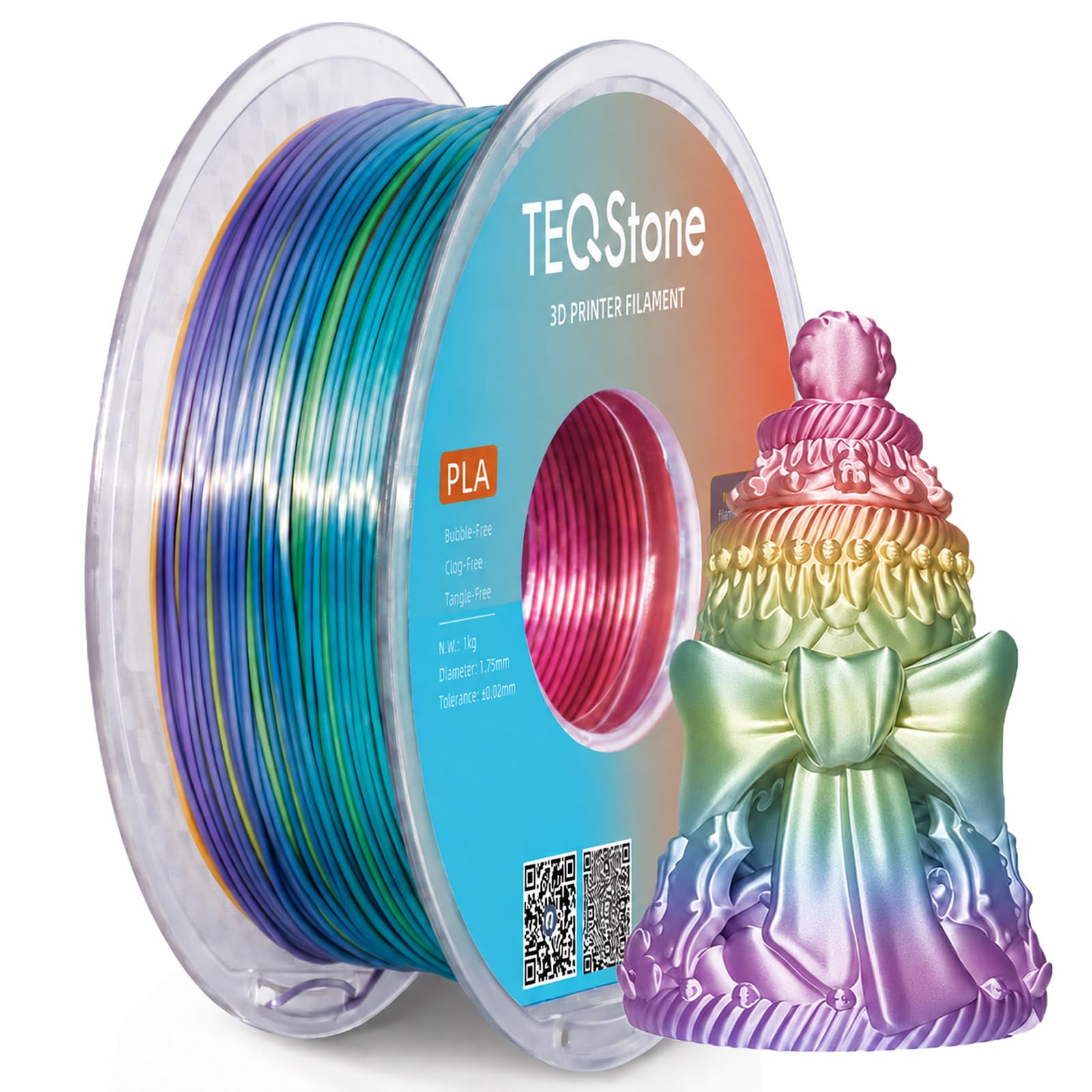 Silk PLA Filament 1.75mm Rainbow 1KG, Shiny High Gloss Finish, Color Changes Per 10-13m, Perfectly Wound, Accuracy +/-0.02mm Multicolor 3D Printer Filament Vacuum Packaging