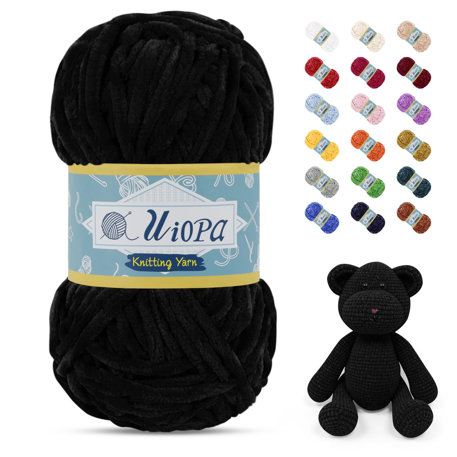 Uiopa 100g/80m Chunky Chenille Yarn, Plush Velvet Yarn Thick Chenille Wool, Black Fluffy Crochet Chunky Wool for Amigurumi Blankets Clothes DIY Crafts