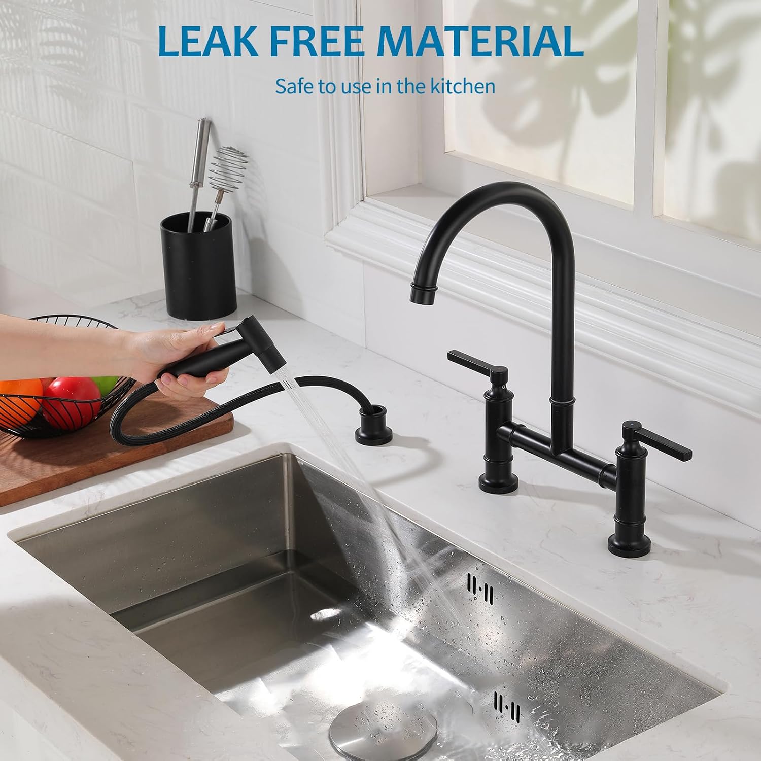 Kitchen Faucet with Side Sprayer 59" Extra Long Hose Pull-Out Spray High Arc Dual Handle Swivel Kitchen Sink Faucets 3 Holes Stainless Steel Matte Black Faucet for Commercial Laundry Farmhouse