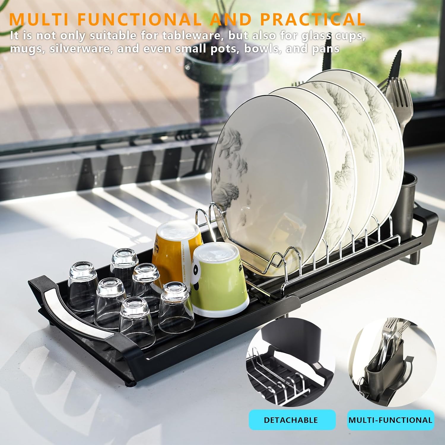 Small Dish Drying Rack, Compact & Space-Saving Stainless Steel Organizer for for Kitchen and Apartment (11.42-19.9 Inch)