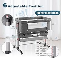 Vista 7 de Ihoming Moisés para bebé, cuna lateral con cesta de almacenamiento, cuna plegable fácil, cama ajustable para bebé recién nacido, gris