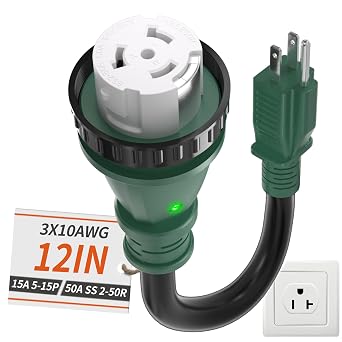 PlugSaf 50 Amp to 15 Amp 110V RV Adapter Plug, 15A Male to 50A Female RV Power Adapter with Twist Lock & LED Indicator, Dogbone Electrical for Camper, NEMA 5-15P SS 2-50R, 10/3 STW Cord 12"