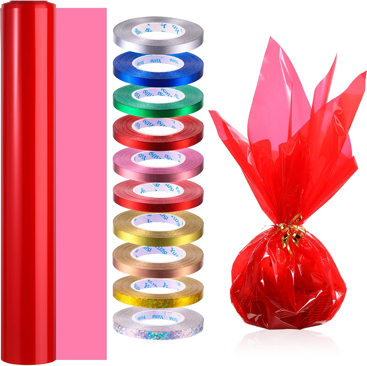 31.5 Inch x 100 Ft Cellophane Wrap Roll Cellophane Bag Cellophane Basket Wrap with 10 Rolls Colorful Curling Ribbon Metallic Curling Balloon Ribbon for Flowers Baskets Handicraft Crafts (Red) : Health & Household