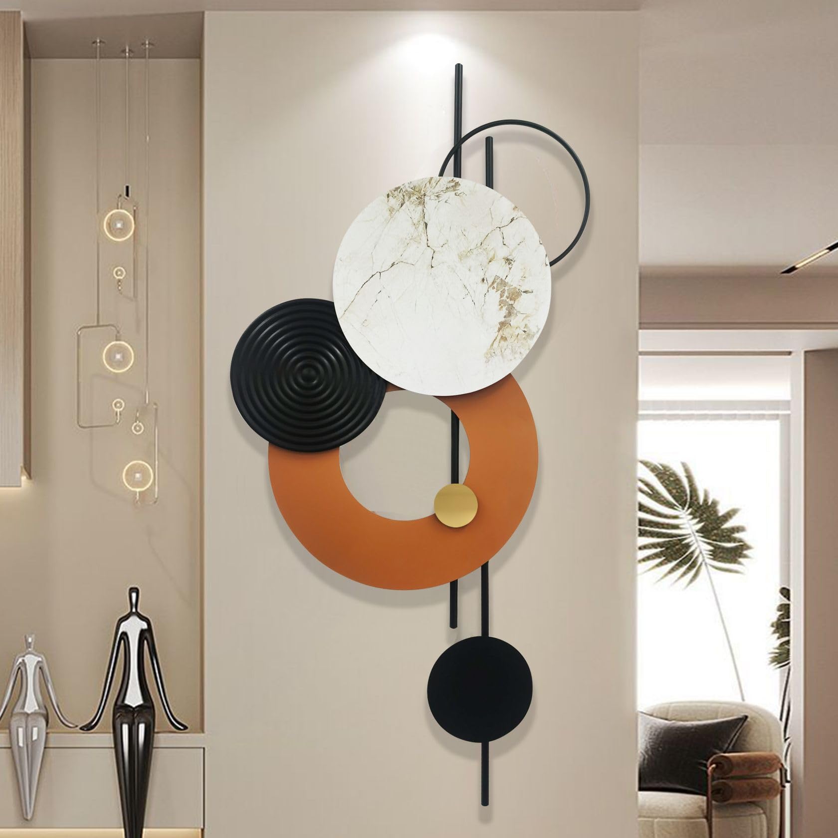 GERHWASH Wanddeko Moderne Wanddeko Wohnzimmer Wand Deko Metall 3D Wandbilder Groß Wanddekoration Runde Boho Wandskulpturen Flur Deko für Home Office,Schlafzimmer,Small Wall Art （40 × 100cm）