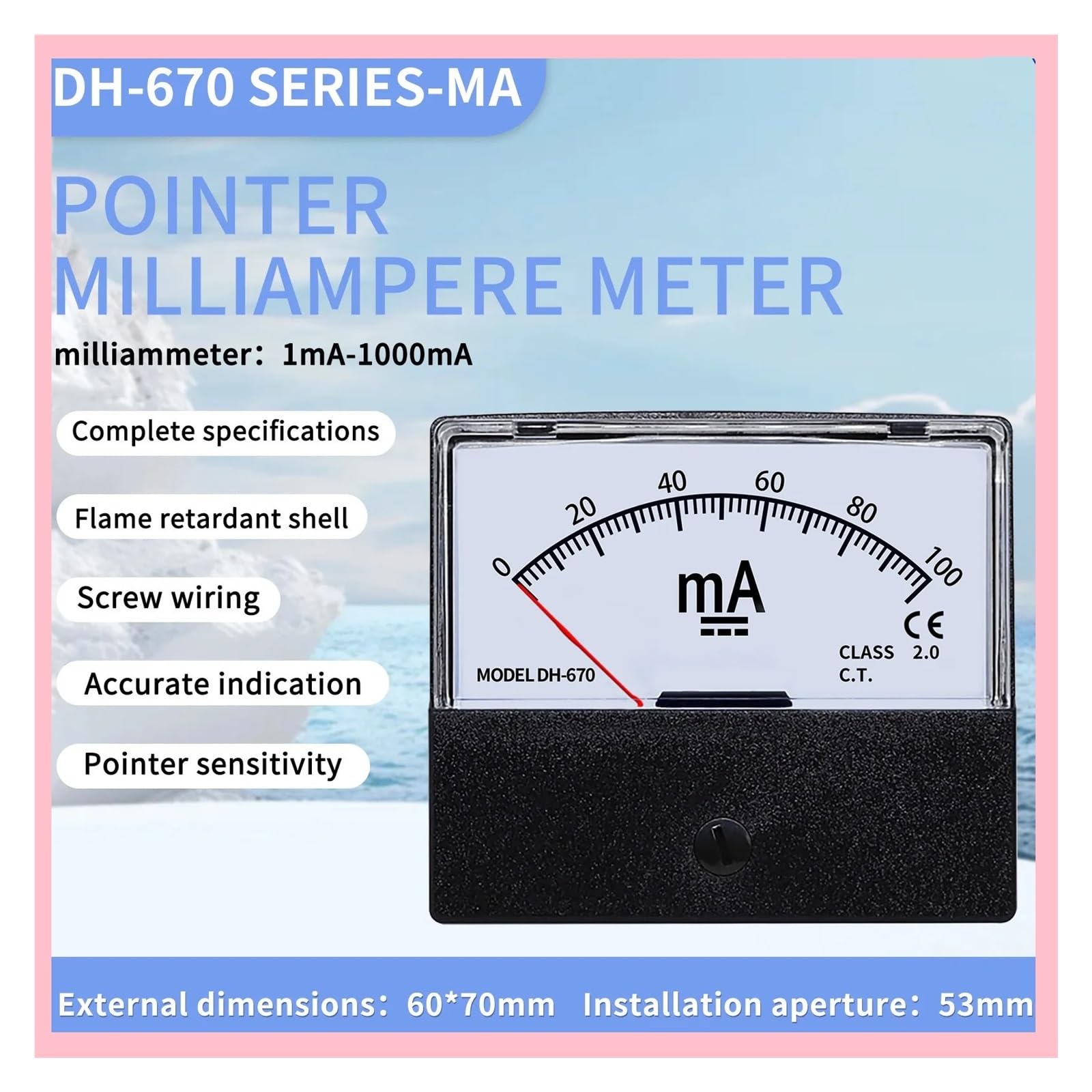 Instrumentos de panel de corriente analógica, El medidor de panel amperímetro analógico CC/CA mide corriente de 5 mA a 1000 mA(DH670 DC,150mA)