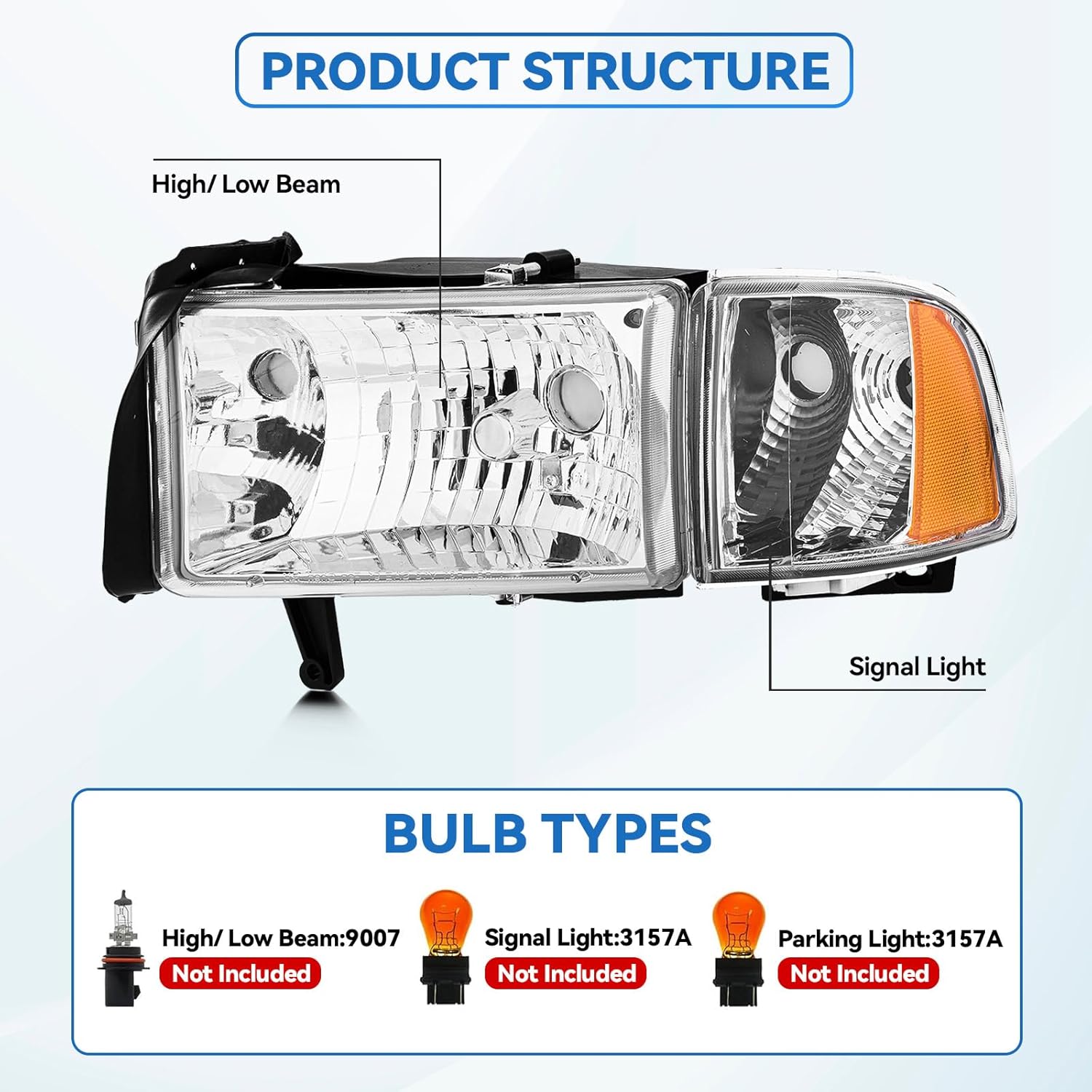 Headlight Assembly for 1994-2001 RAM 1500 & 1994-2002 Dodge RAM 2500 3500, Driver & Passenger Side, Chrome Housing, OE Replacement (No Bulbs)