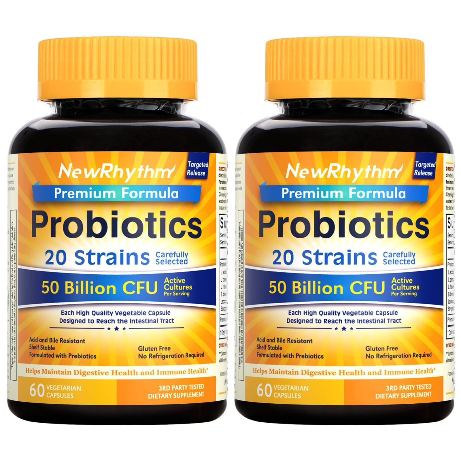 NewRhythm probiootikumid 50 miljardit CFU 20 tüve, 120 köögiviljakapslit, suunatud vabastamistehnoloogia, maohappe resistentne, külmkappi pole vaja, mitte-GMO, gluteenivaba