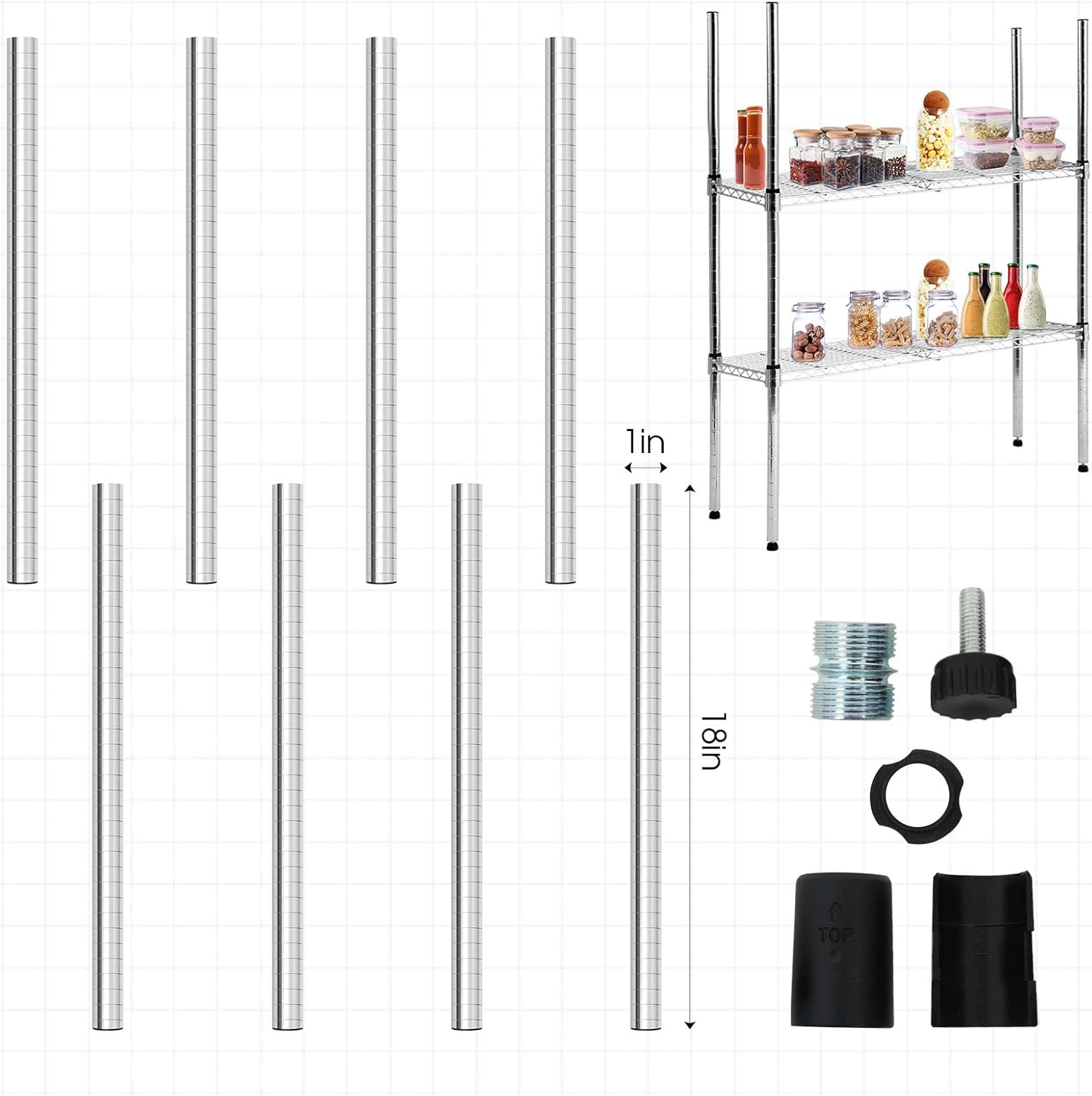 Thyle Set of 4 Wire Shelving Poles Including 8 Pcs 18'' Poles and 50 Pcs Shelf Clips, Heavy Duty Chrome Commercial Wire Shelving Parts for 1" Post Shelf Rack Accessories Replacement(36")