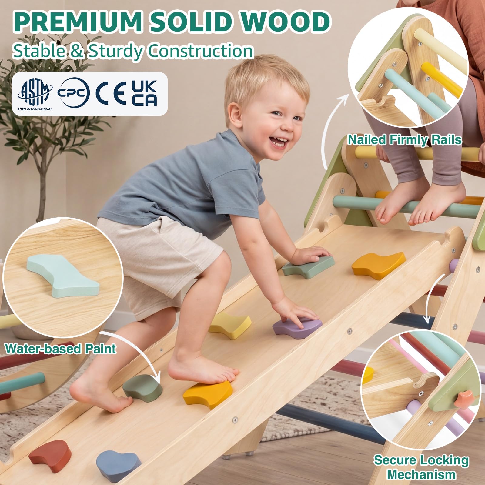 Montessori Klettergerüst Indoor Set, 7-in-1 Holz Kletterspielzeug, Faltbares Pikler-Dreieck-Set mit Rutsche, Leiter & Spielbogen, Indoor Spielgerät für Babys & Kinder 1-3 Jahre - Regenbogen