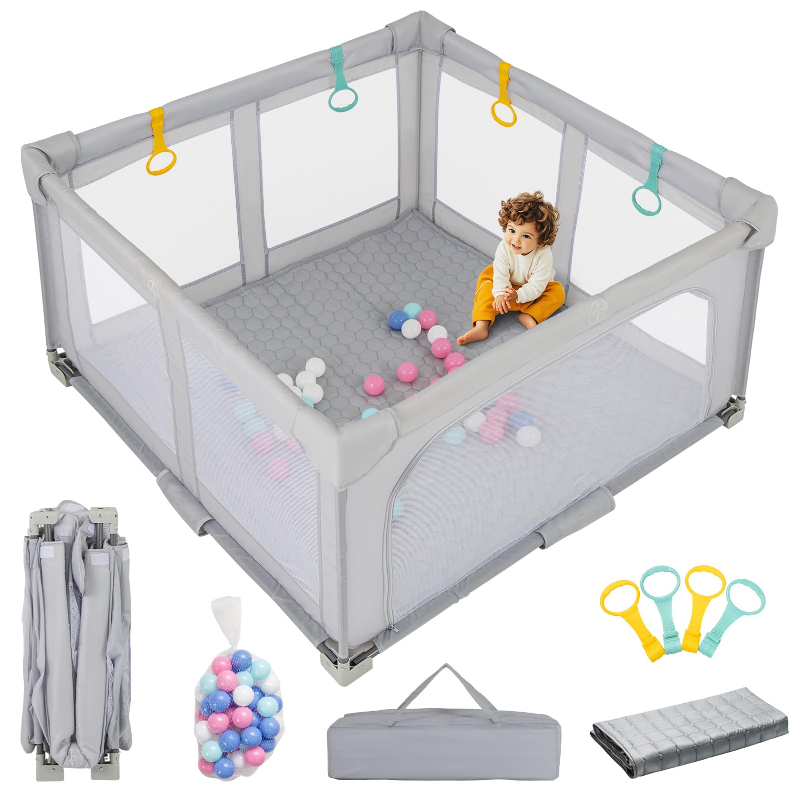 INFANS Foldable Baby Playpen with Mat, 50” x 50” Large Baby Play Yard for Infant with 50 Ocean Balls, 4 Handlers, Carry Bag, Indoor Outdoor Fence