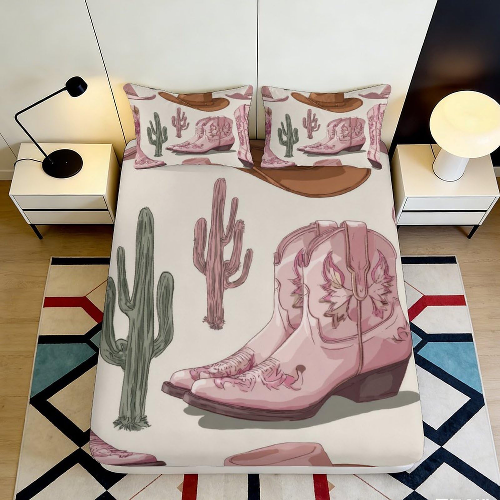 Pnayamiorkfel Style-4 3D Printed Western Cowboy Boots Fitted Sheet Microfiber Soft Cactus Bed Cover For Bedroom Dorm Mattress Decor 90X200x25cm
