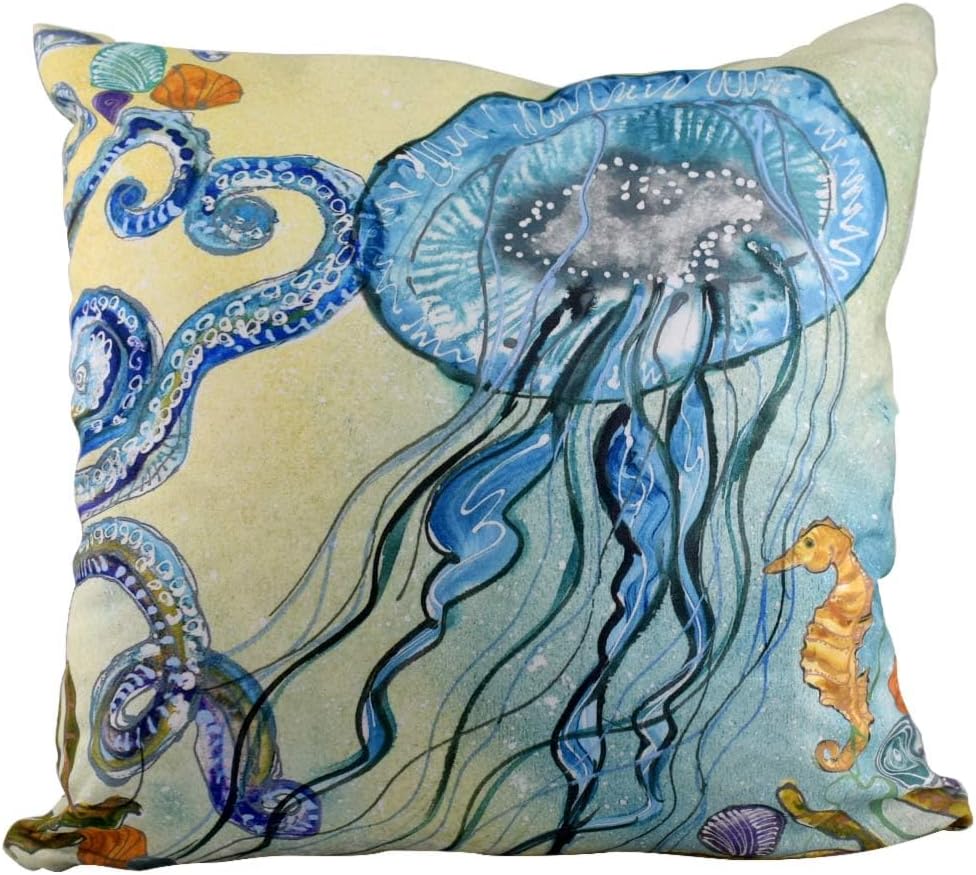 Octopus and Jellyfish Art Indoor/Outdoor Decorative Throw Pillow, 20" Square, American Made Artist Series, Nautical Sealife
