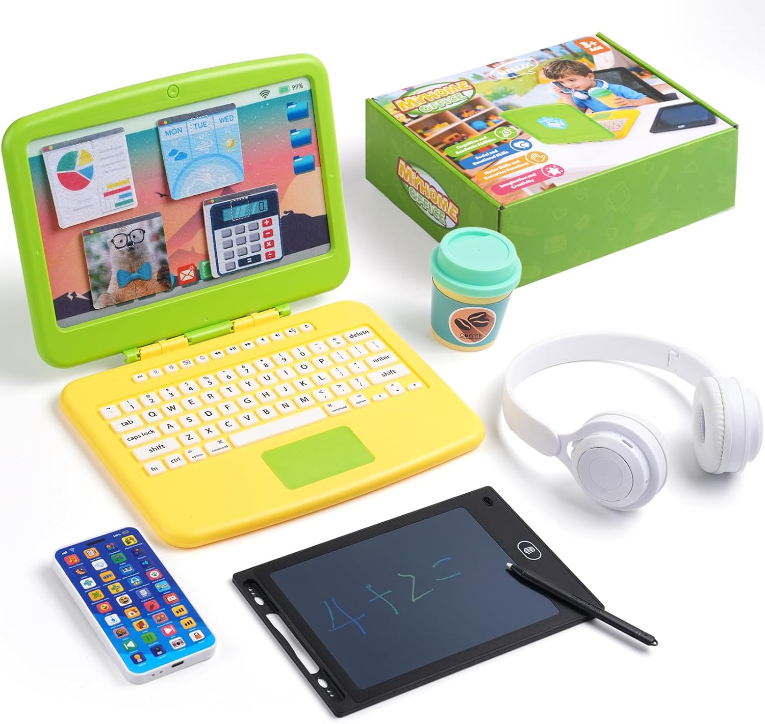 Kids Pretend Play Toys-Toddler Pretend Play Home Office Playset with Toy Laptop & Phone LCD Writing Tablet Headset & Toddlers Beverage Cup Birthday Gifts for Boys Girls Age 3-5-7
