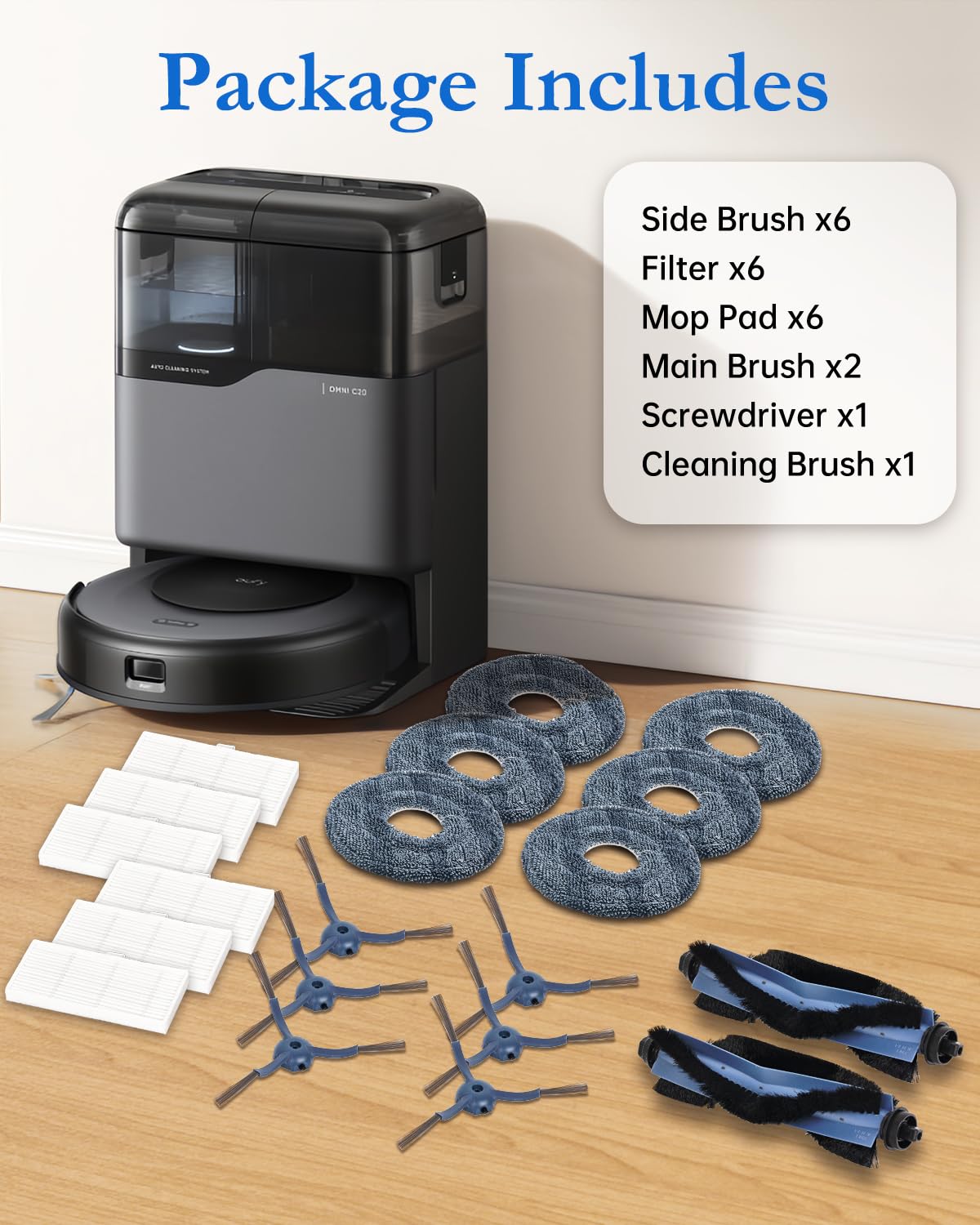 Set Ricambi Eufy C20 Omni: 4 Spazzole Laterali, 2 Filtri, Spazzola Rullo, Copertura, Pettine