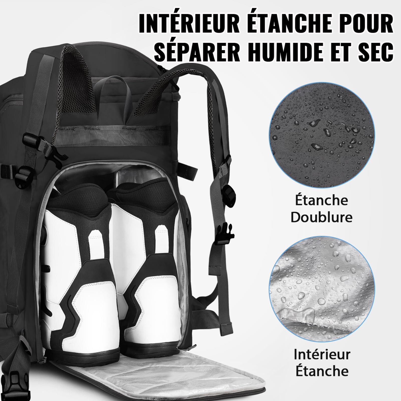 YOREPEK Sac à Dos Ski 65L Imperméable 8 Poches, Sac de Sport pour Bottes Casque Snowboard Skis, Noir