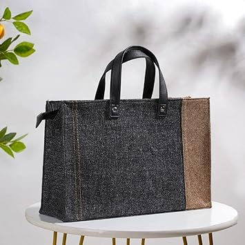 Nestasia Jute Lunch Bags for Office Women (15x10 Inch), Eco-Friendly and Washable Lunch Bags for Women and Men with Vegan Leather Handle, Black & Beige