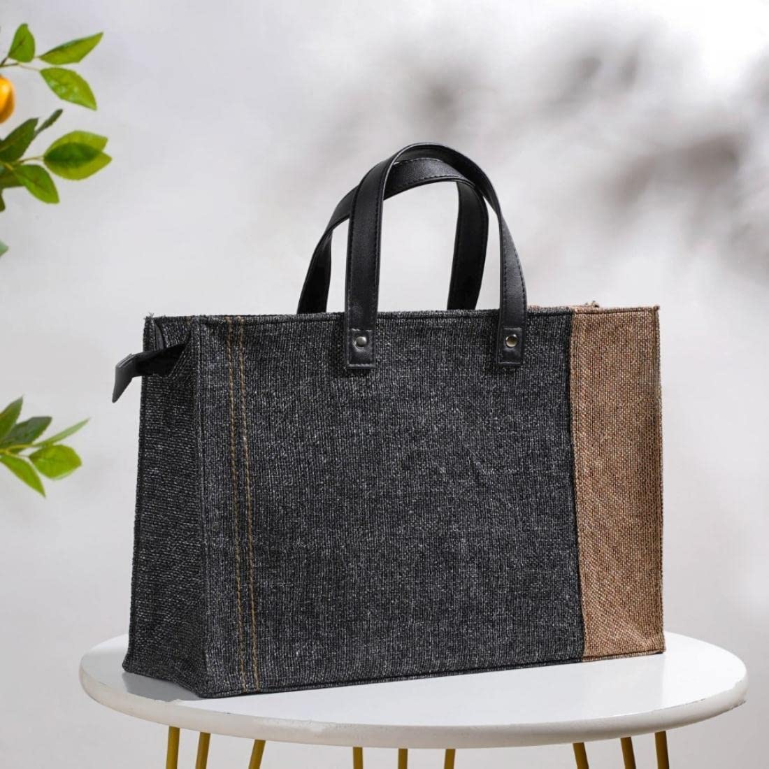 Nestasia Jute Lunch Bags for Office Women (15x10 Inch), Eco-Friendly and Washable Lunch Bags for Women and Men with Vegan Leather Handle, Black & Beige