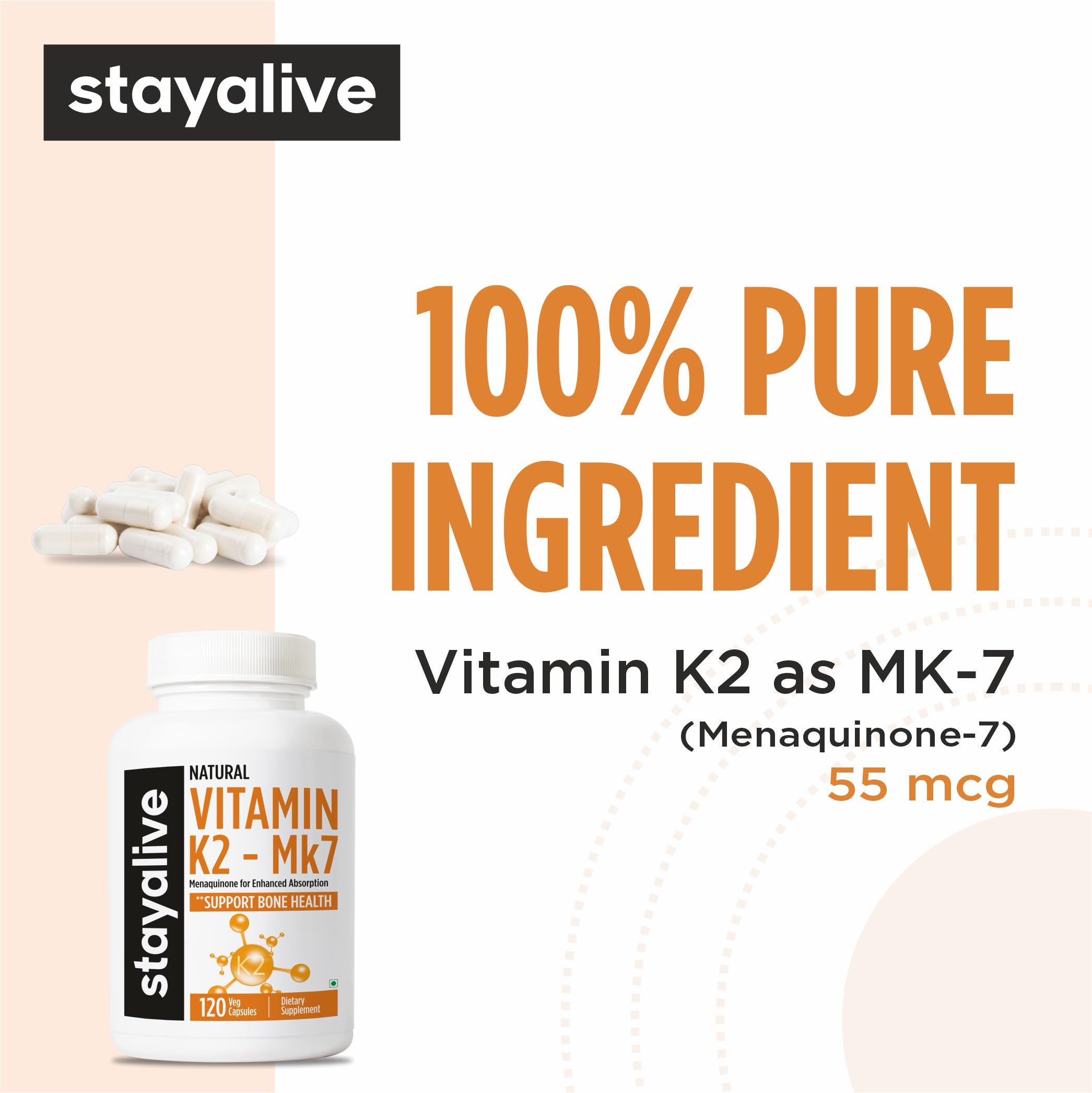 STAY ALIVE Vitamin K2 MK-7 55mcg | High Absorption | 120 Capsules for Strong Bones & Heart Health | Non-GMO, Gluten-Free Vitamin K2 MK7 Supplement For Men and Women 2