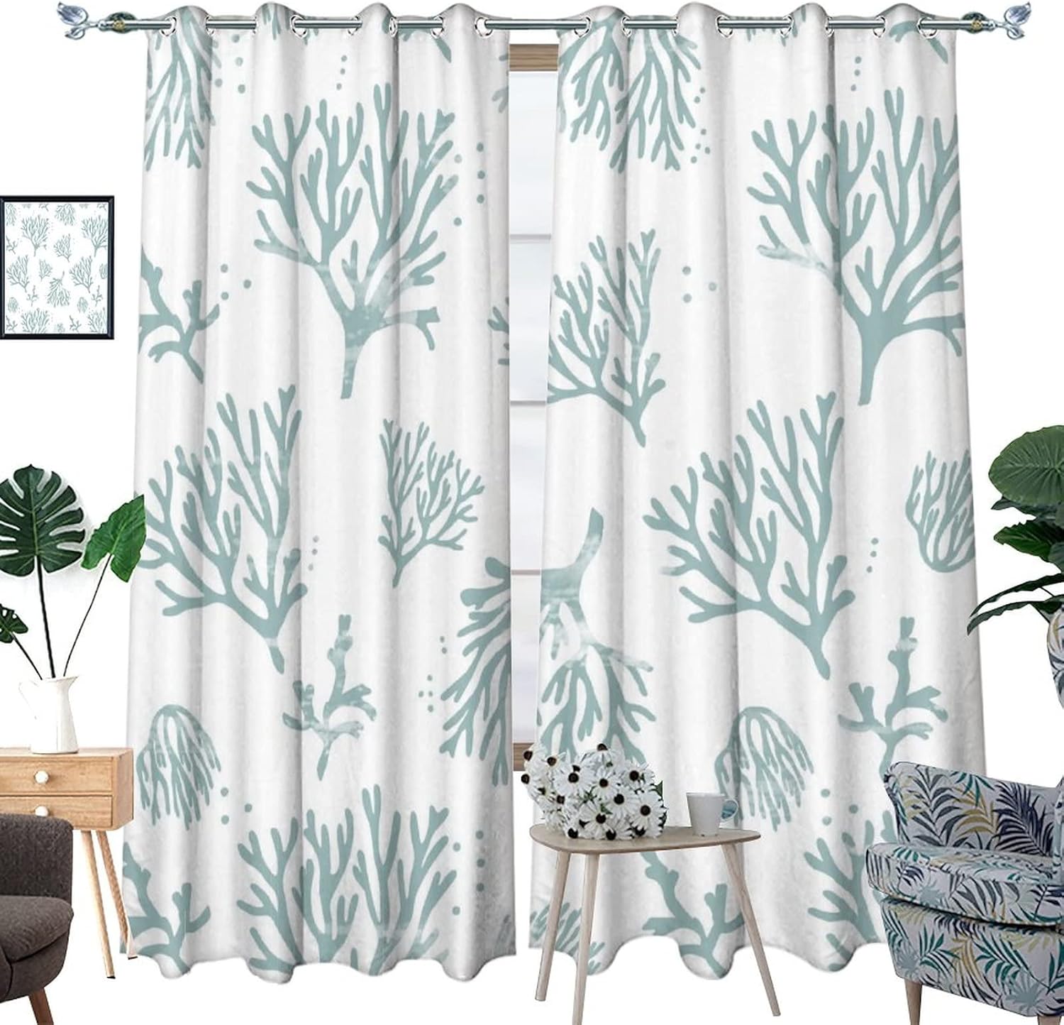 Coastal Nautical Blackout Curtains for Bedroom,Abstract Modern Art Ocean Theme Watercolor Cyan Coral Room Darkening Window Curtains with Grommets - 2 Panels 84L x 42W