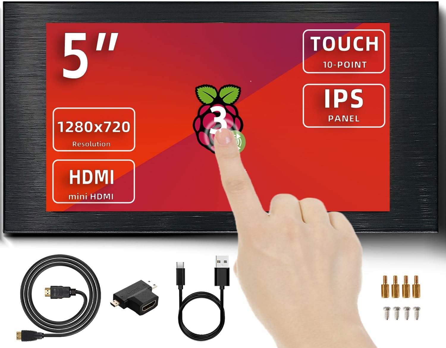5 inch Touch Screen Monitor, 1280x720 Mini IPS Display, HDMI PC Monitor with HDMI Inputs Compatible with Raspberry Pi, PC, Laptop