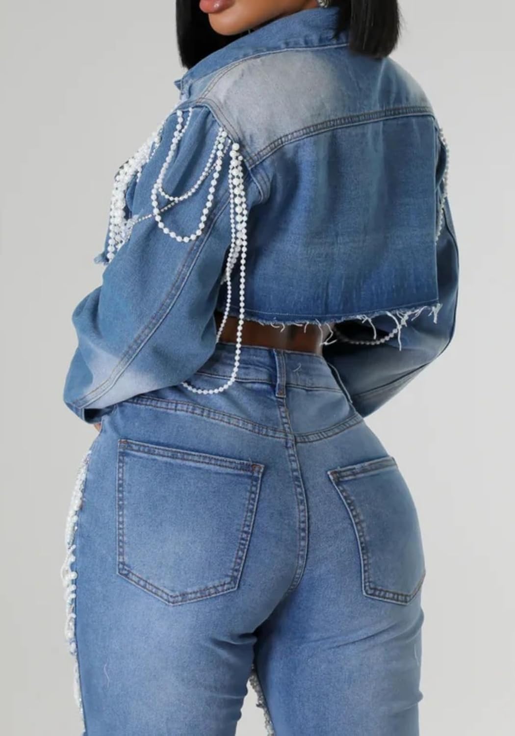 Lucuna Women's Cropped Denim Jacket Long Sleeve Trendy Pearl Distressed Crop Top Jean Jacket Coat - Image 4