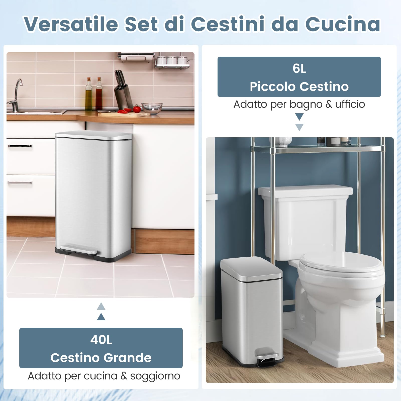 RELAX4LIFE Pattumiera Differenziata 2 Cestini 40L + 6L, Cestino Spazzatura in Acciaio Inox con Secchi Interni Rimovibili, Pedale a Mani Libere, Coperchio a Chiusura Morbida che Rimane Aperto