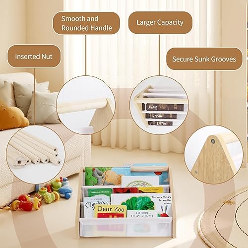 Miniatura 6 de 19" Toddler Bookshelf, 6-Tier Double-Sided Kids Bookshelf, Montessori Bookcase for Toddlers with Deep Fabric Pockets, Natural Wooden Toy Storage