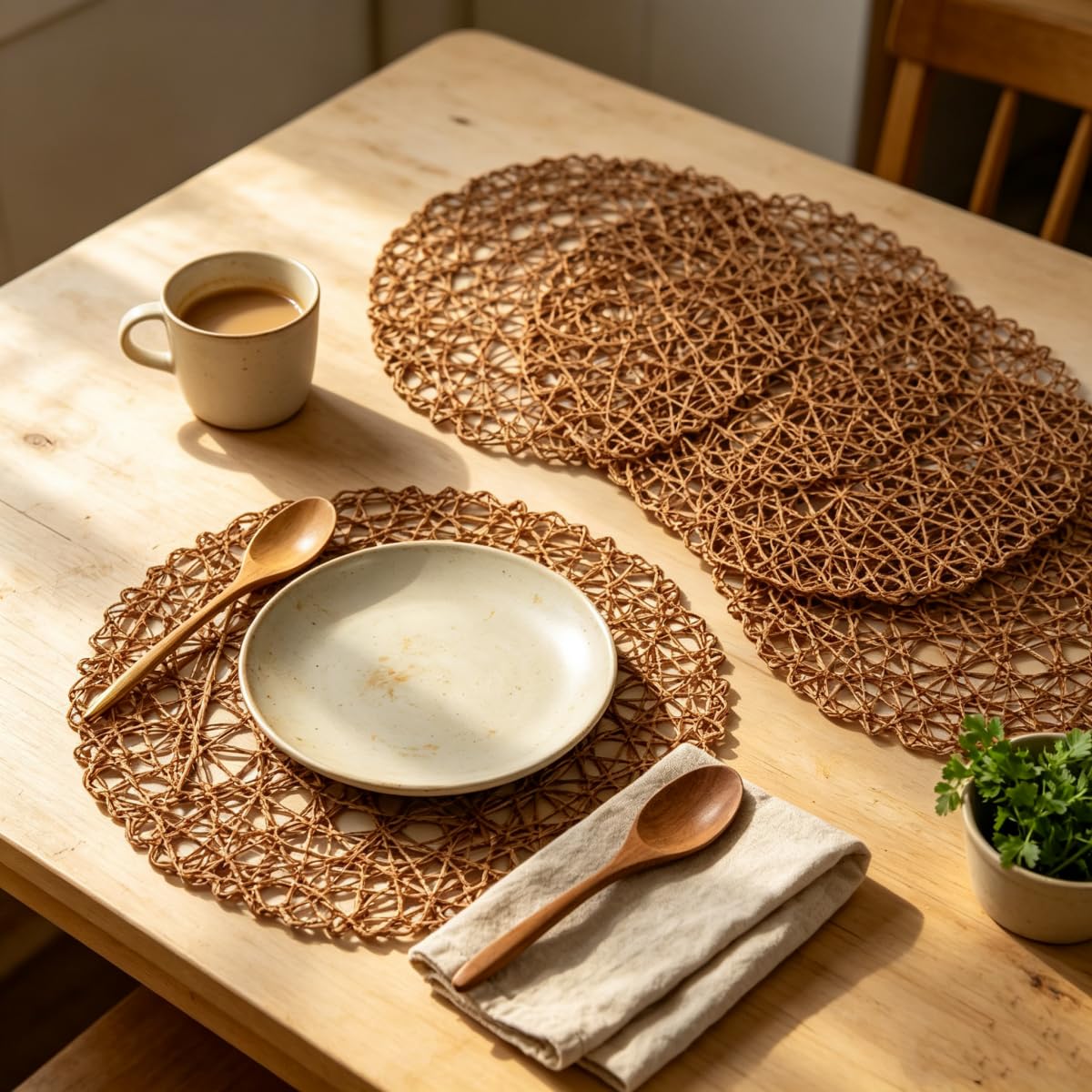 IcosaMro Braune runde Tischsets für Esstisch, 33 cm, Papier, gewebt, Boho, klein, dekorativ, rund, Platzset für Hochzeit, Weihnachten, Erntedankfest, Urlaub, Abendessen, Hellkaffeebraun
