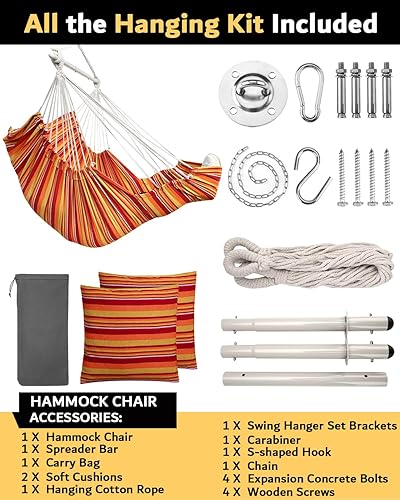 Miniatura 6 de Silla hamaca colgante grande con reposapiés y herrajes, máximo 500 libras, barra de extensión de acero con antideslizante, 2 cojines y bolsillo