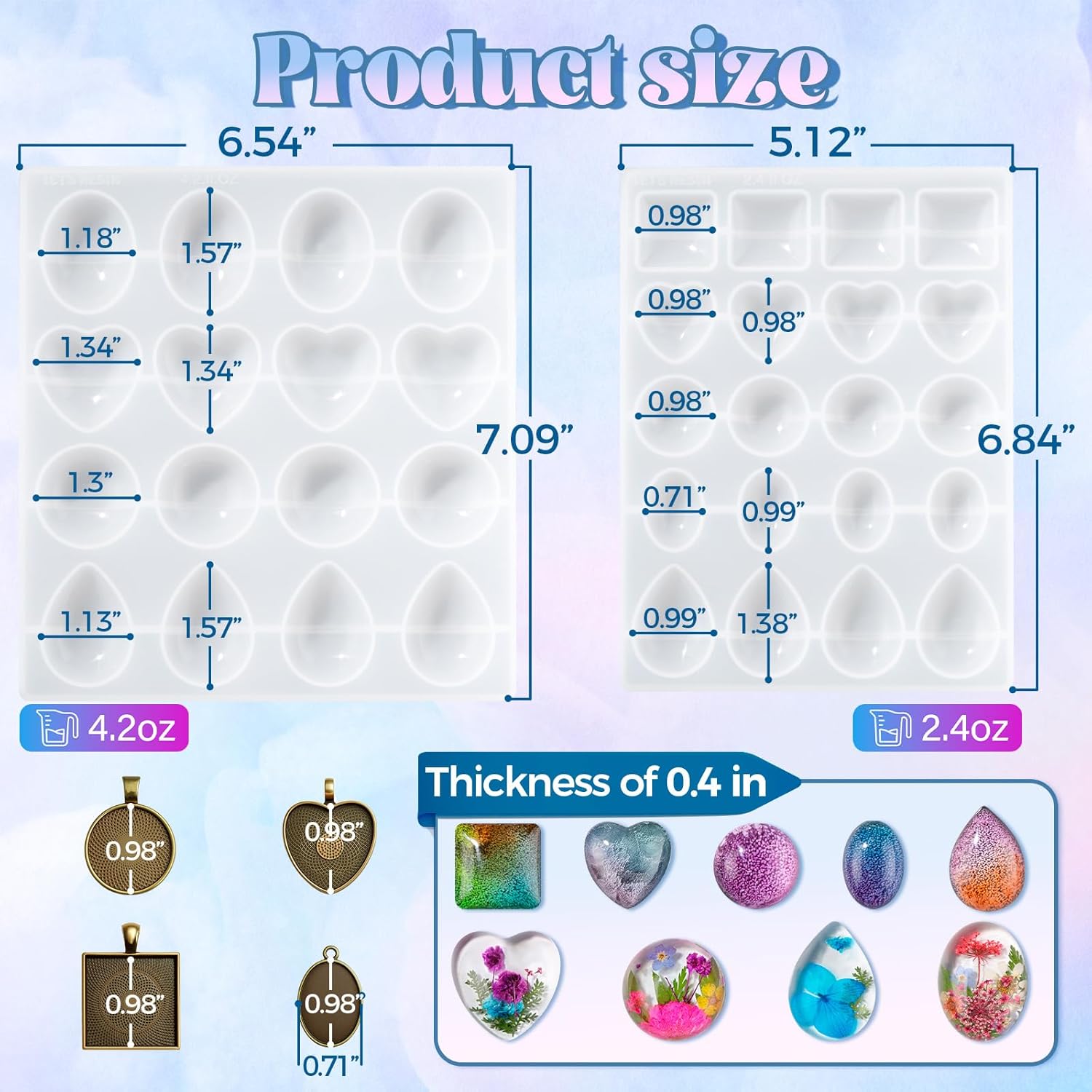 Bundle Set of UV Light Advanced and Cabochon Gems Resin Molds, 36 Cavities Thicker&Shiny UV Resin Molds Jewelry with 16 pcs Pendant Trays, Epoxy Molds forPendant,Earrings