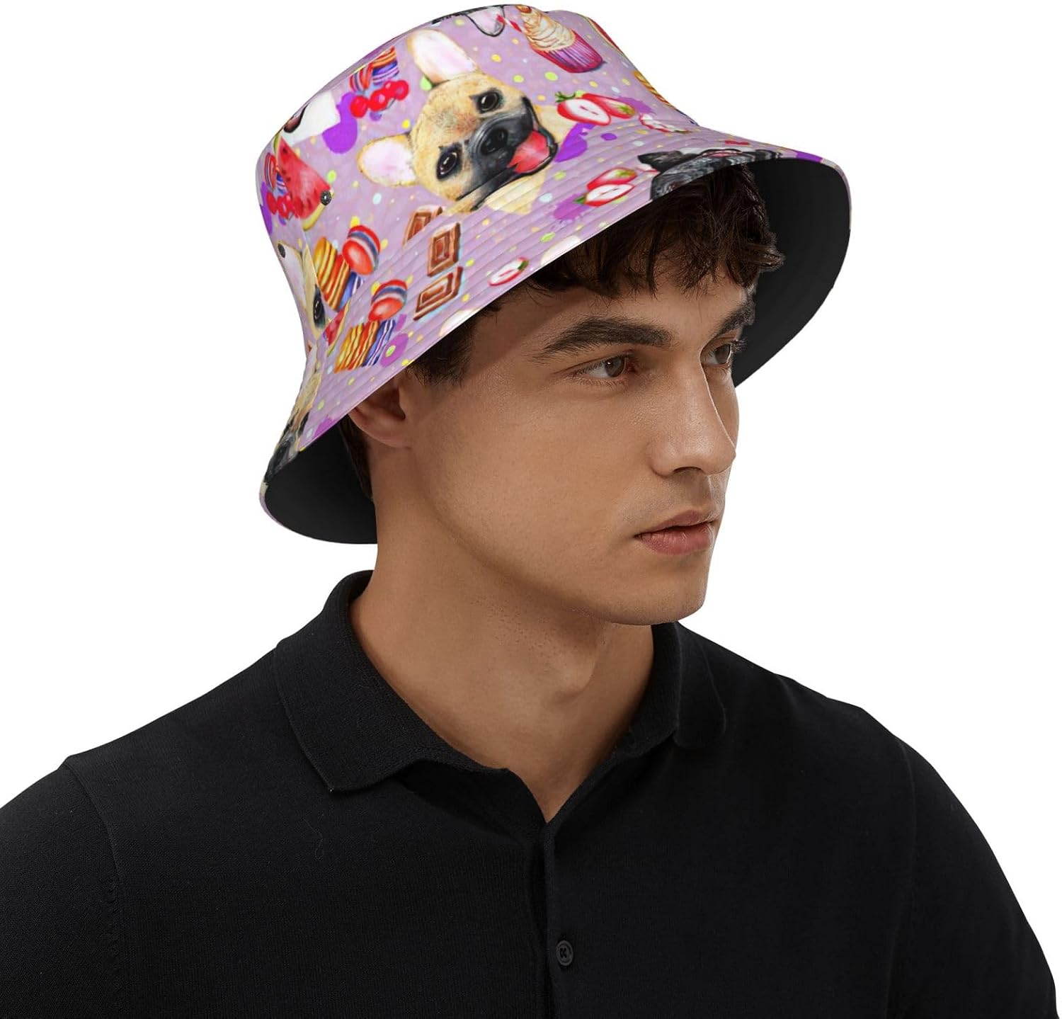 French Little Bulldog Print Bucket Hat for Men Women,Fun Sun Hats,Fisherman Outdoor Summer Travel Hiking Cap Black