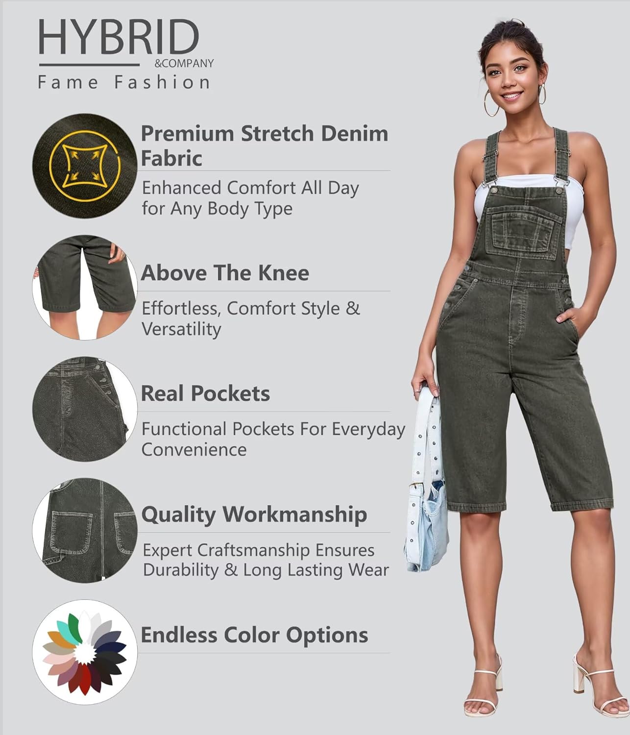 Hybrid & Company Womens Leisure Adjustable Straps Stretch Bermuda Short Denim jumpsuits Overalls - Image 2