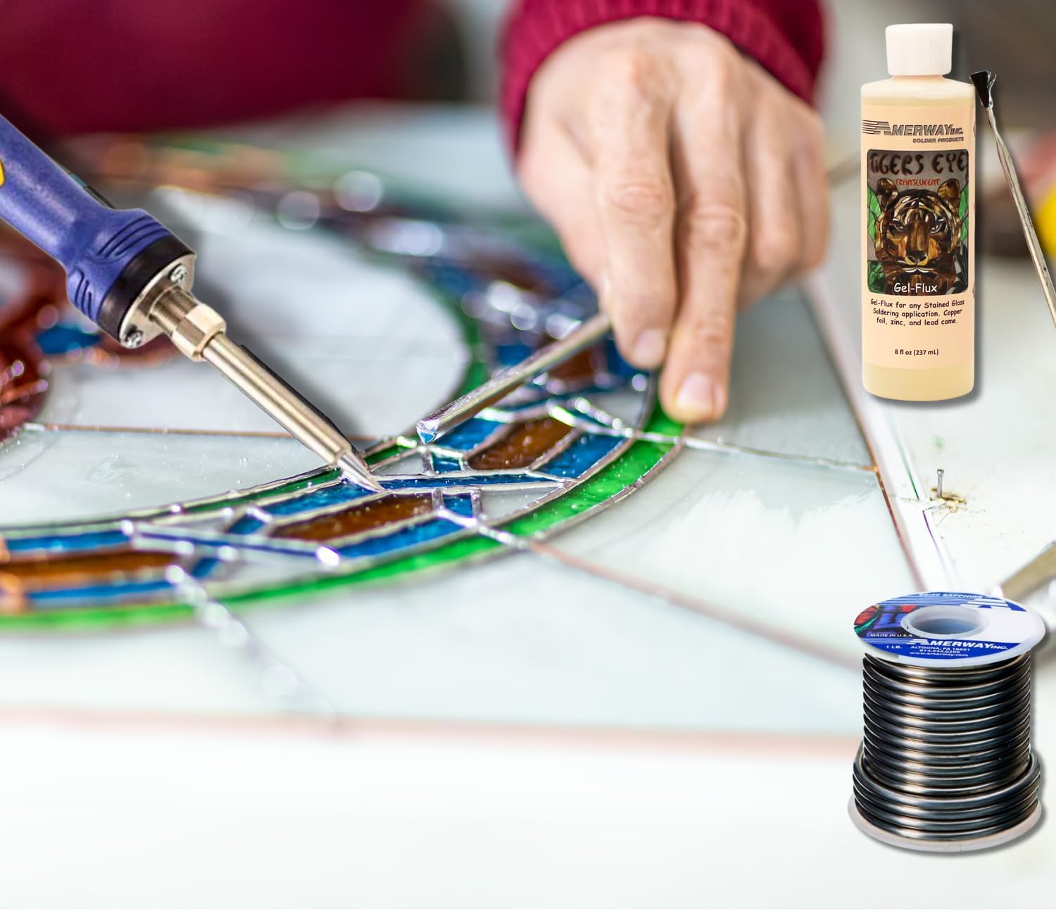 Soldering Iron Kit for Stained Glass – Includes Hakko FX-601-02 (67W) Adjustable Temperature Soldering Iron, Amerway 60/40 1LB Solder, Tiger’s Eye Gel Flux 8oz & Flux Brush – Hobby & DIY Kit