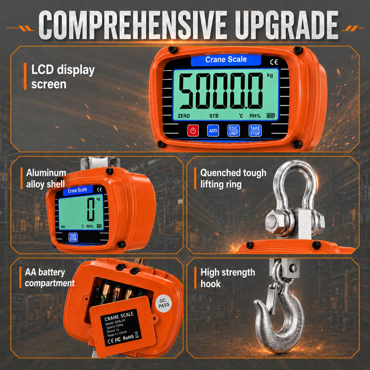 Báscula de grúa de 5000 kg, Báscula de Grúa Electrónica 5T,Colgante Industrial con sensor preciso, pantalla LCD grande y control remoto, temperatura y humedad para Agricultura e industria