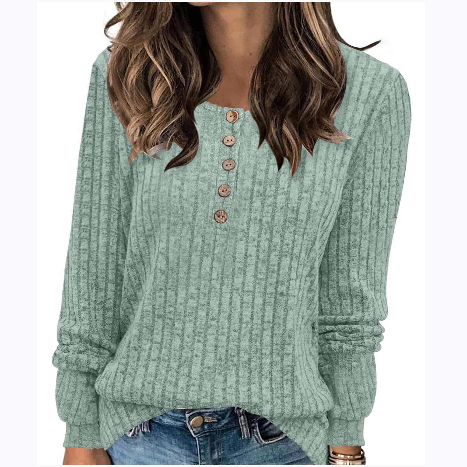 2024 Pulls Femme Décontractés Léger Tunique à Manches Longues Sweatshirts Chic et Élégant Bouton Couleur Unie Pullover Haut Tops Automne Hiver Confort Chaud Col V Casual Mode Sweat T Shirts Blouses