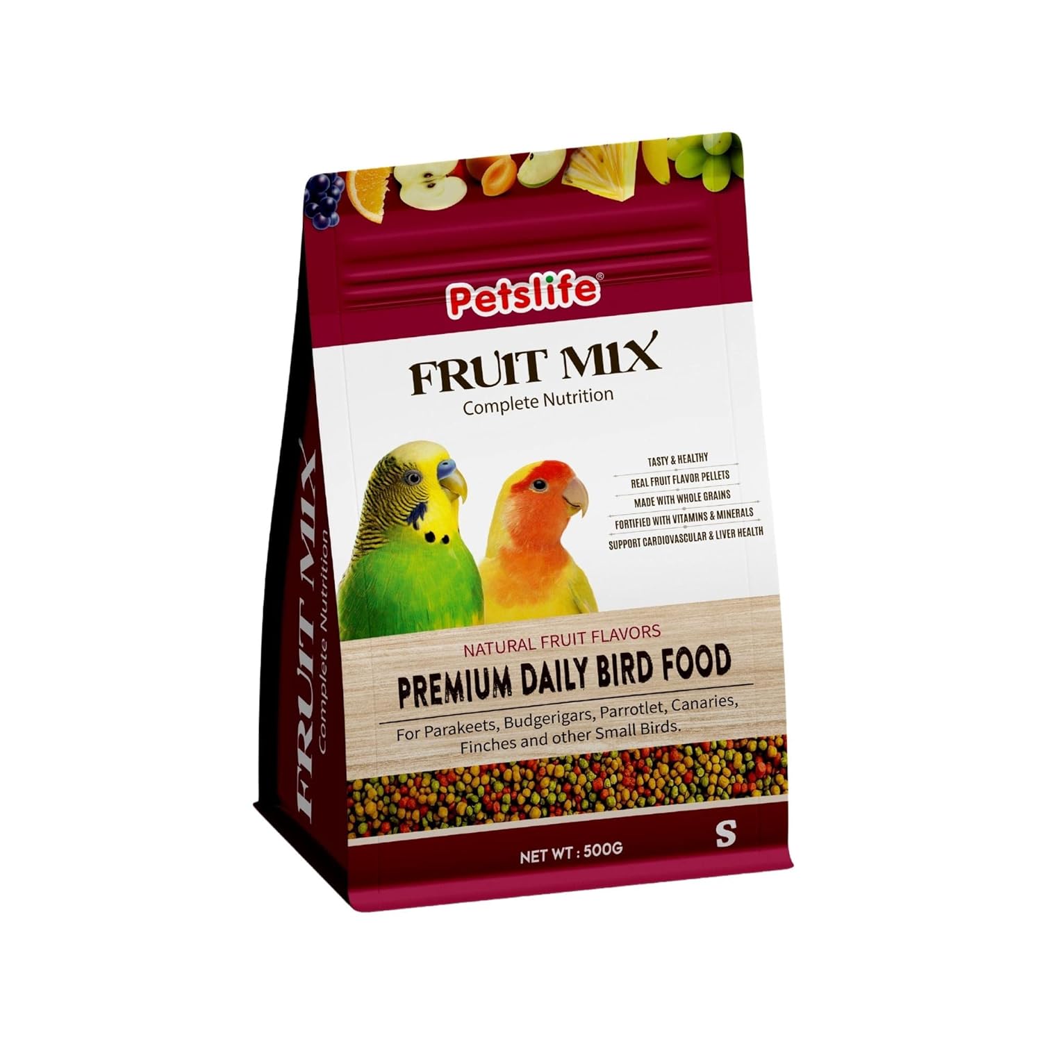 Petslife Fruit Mix Bird Food with Natural Fruit Flavors for Small Birds | Parakeets, Budgerigars, Parrotlet, Canaries, Finches & Other Small Birds | 500gm