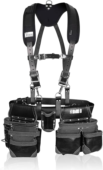 Black Leather Tool Belt with Black Work Suspender | Framing Tool Bags | Leather Tool Belts | Premium Heavy Duty | Carpenter Tool Pouch for Handyman