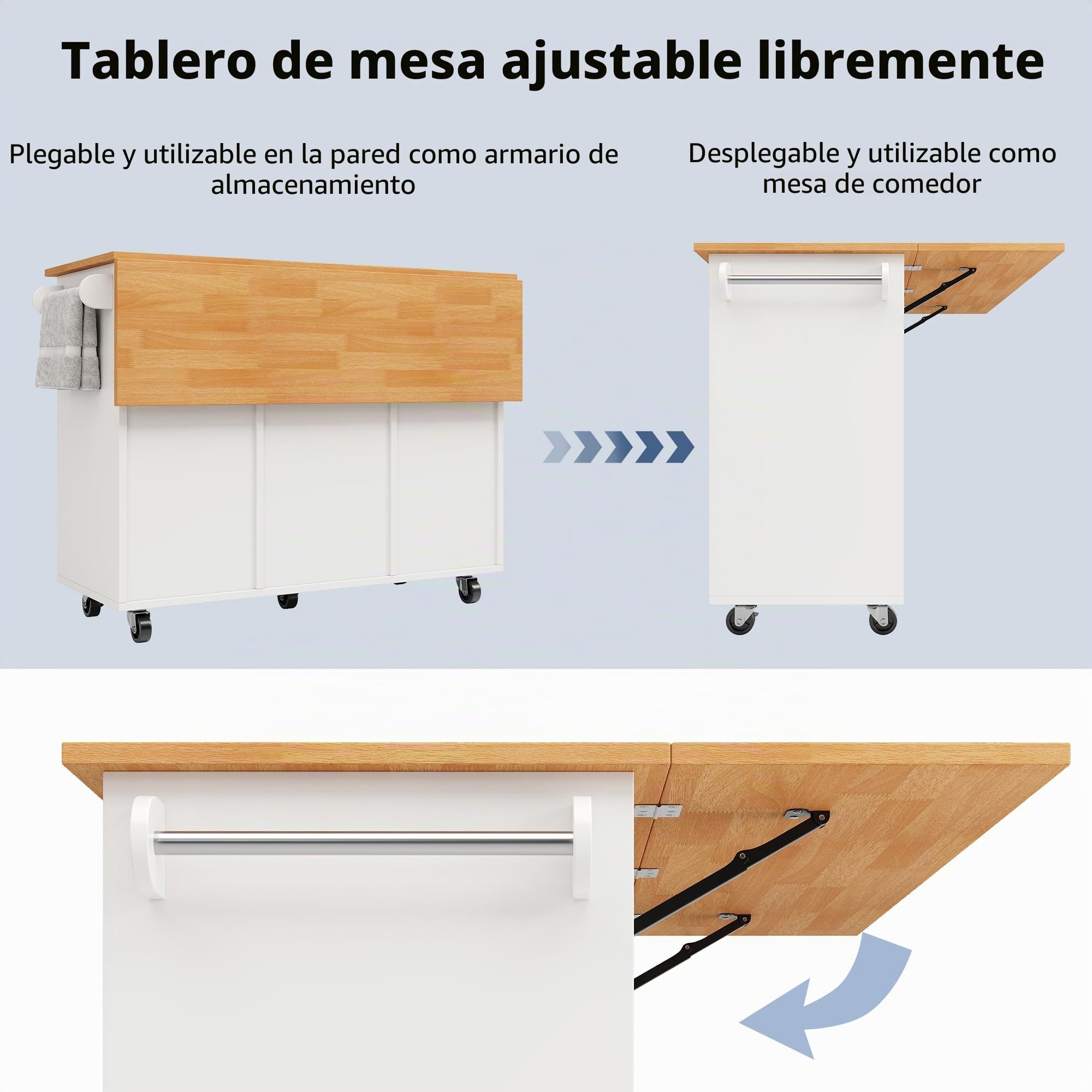 Idemon Moderna isla de cocina, armario de cocina, carrito de cocina extensible con ruedas y encimera, carrito de servir con estante para especias y 8 cajones, color blanco