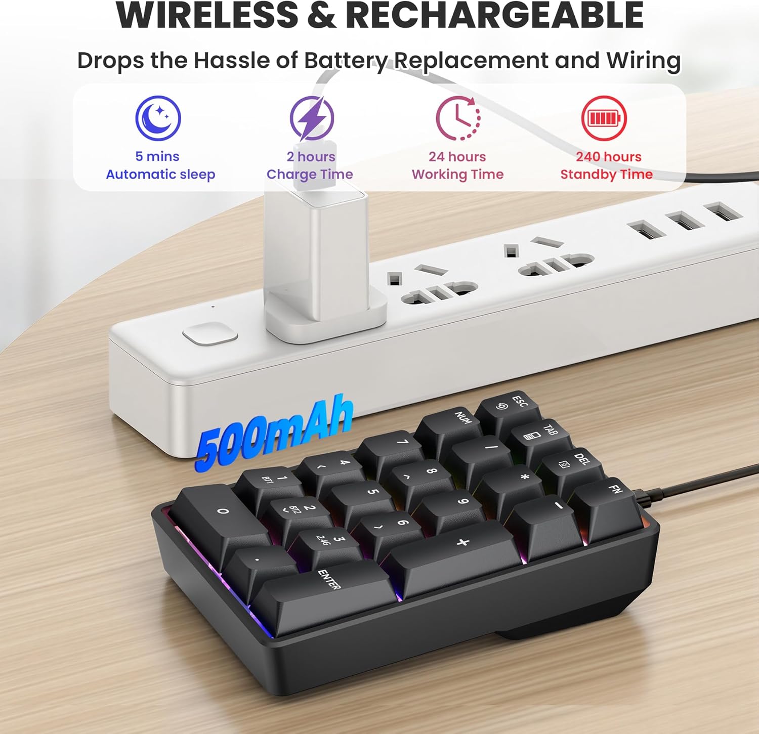 Number Pad Wireless 2.4G/Bluetooth 5.0/Wired USB-C 3 Mode Numeric Keypad,21Keys RGB Backlit Hot Swappable Numpad, Rechargeable Number keypad, Mechanical numberpad with PBT Keycap for PC/Laptop/Desktop