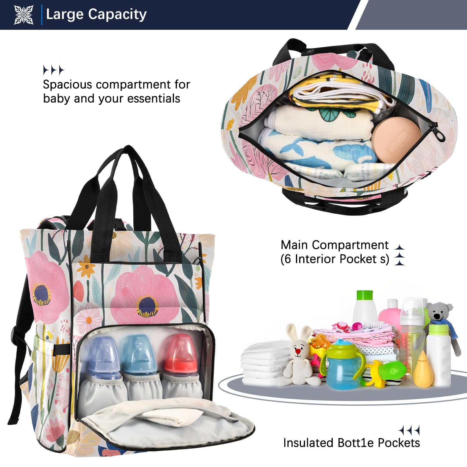Mochila para pañales para mamás y papás, diseño floral, color claro