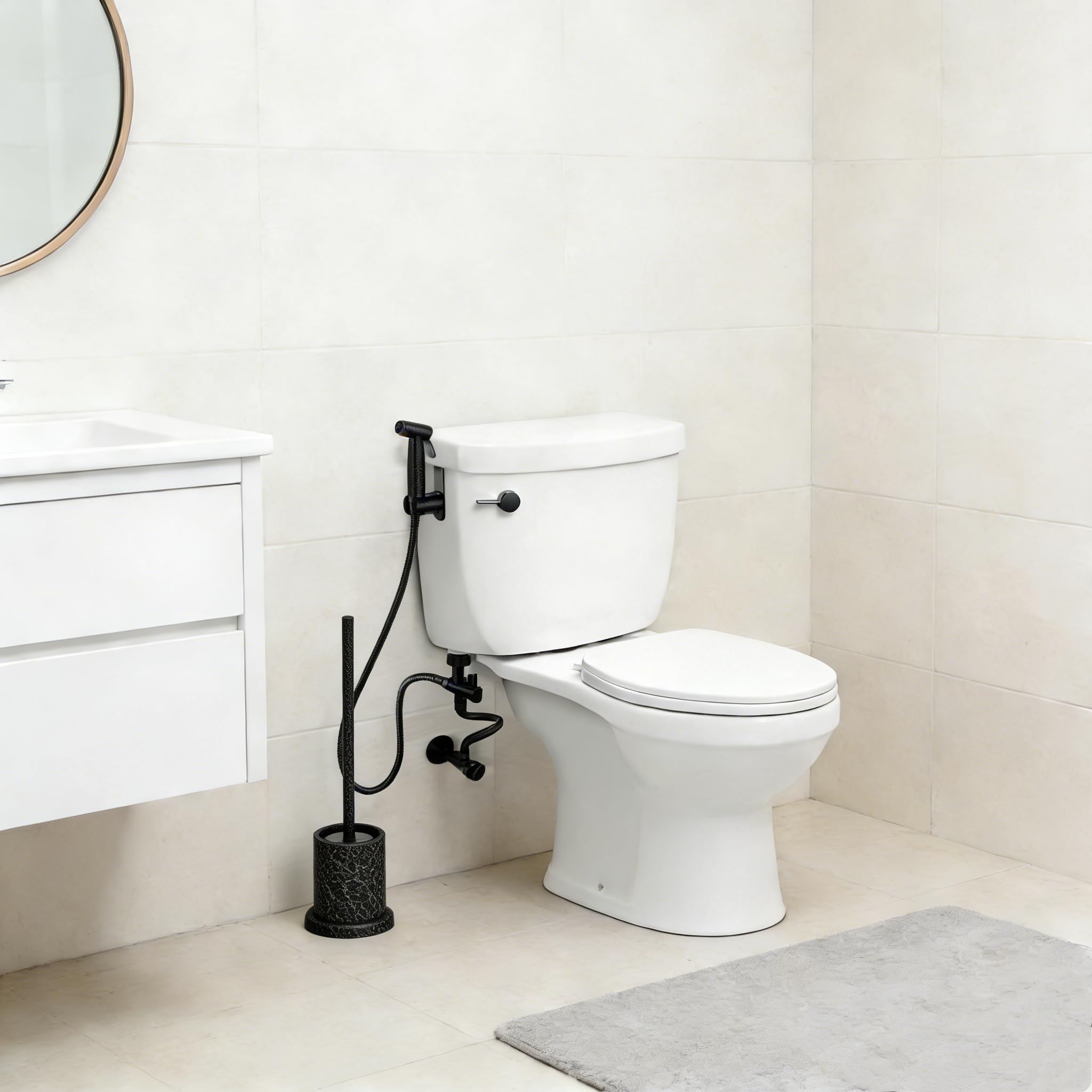 Kit de douchette à main pour bidet-toilette – Acier inoxydable robuste Kit de douchette WC avec support adaptateur en T et tuyau à ressort pour toilettes, animaux domestiques et nettoyage (G1/2-noir)
