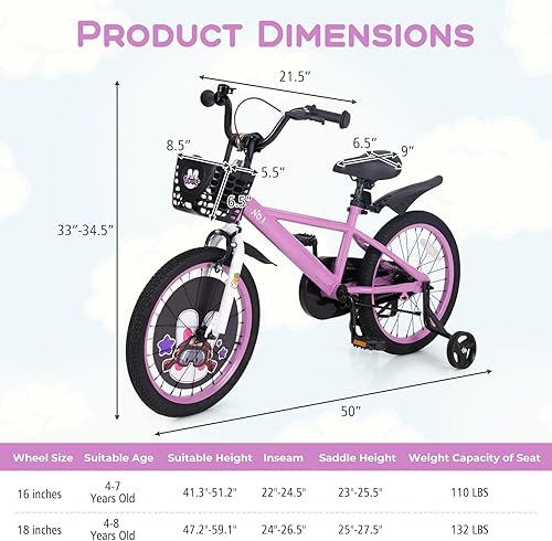 Miniatura 7 de BABY JOY Rabbit Pilot - Bicicleta deportiva para niños, 12, 14, 16, 18 pulgadas, para niños de 3 a 8 años, con altura ajustable, ruedas de