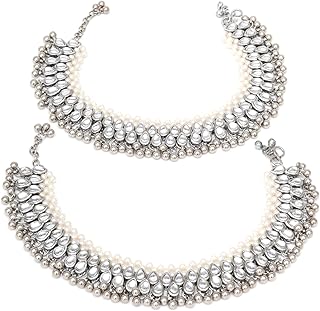 karatcart Oxidised Silver Pearl and Drop Kundan Studded Anklet for Women-picture-50