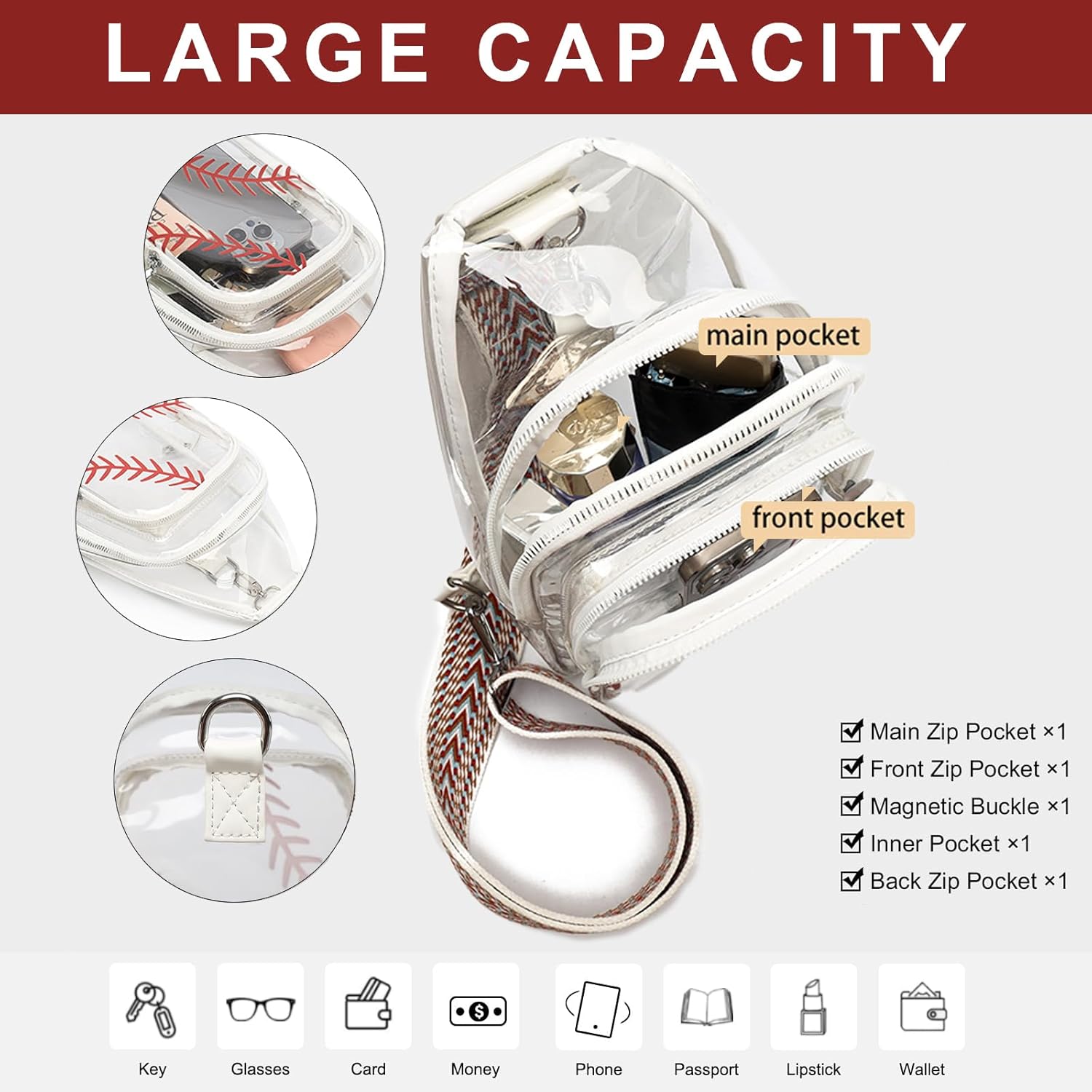 Clear Baseball Bag for Stadium Events, Clear Sling Bag Purses for women Crossbody Transparent, Crossbody Purses for Concerts Sports - Image 5