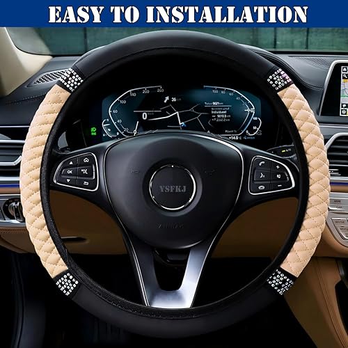 Miniatura 6 de YSFKJ YSFKJ - Funda de cuero suave para volante de automóvil, universal de 15 pulgadas, con diamantes de imitación coloridos antideslizantes y