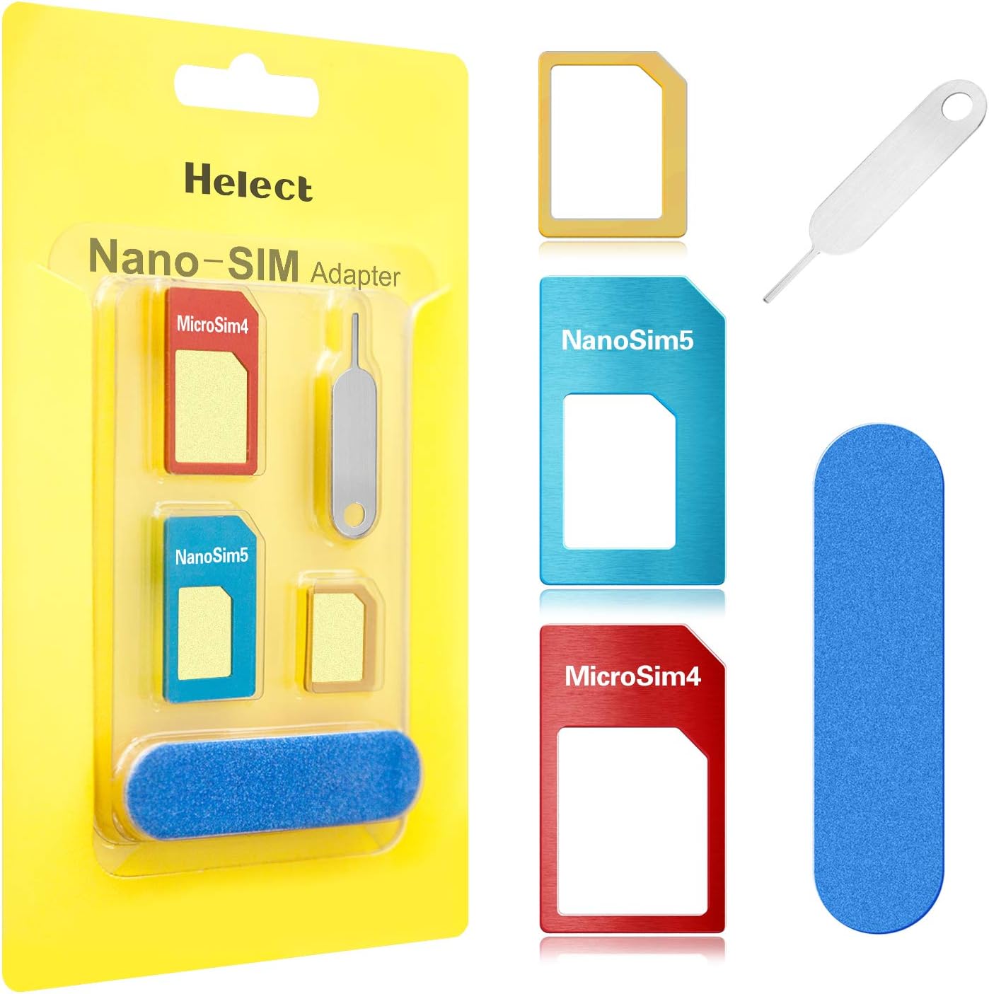 Helect SIM Card Adapter, 5-in-1 Nano & Micro SIM Card Adapter Kit Converter with Polish Chip and Eject Needle - H1050
