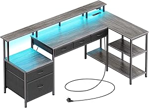 Rolanstar Desk L Shape with Drawers, Reversible Gaming Table with Socket, LED & Monitor Stand, 163 cm, Computer Desk for Office, Study, Bedroom, Grey