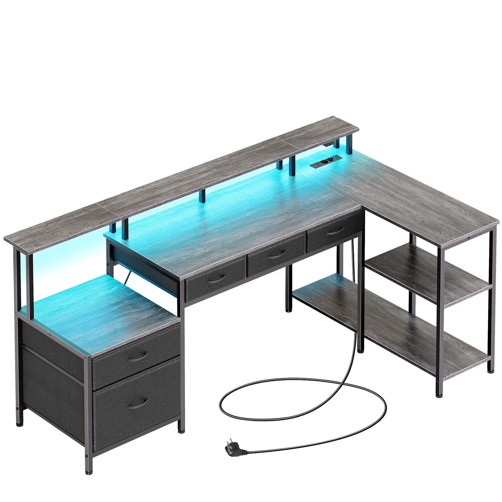 Rolanstar Schreibtisch L Form mit Schubladen, reversibler Gaming Tisch mit Steckdose, LED & Monitorständer 163 cm Computertisch für Büro Arbeitszimmer Schlafzimmer, grau